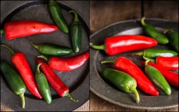 Compilation of red and green peppers images with moody vintage natural lighting. food, fresh, raw, fruit, vegetables, wood, wooden, background, grunge, retro, vintage, moody, dark, 