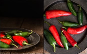 Compilation of red and green peppers images with moody vintage natural lighting