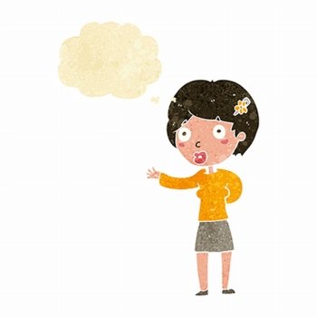 cartoon waving woman with thought bubble