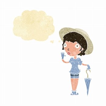 cartoon woman in summer hat waving with thought bubble
