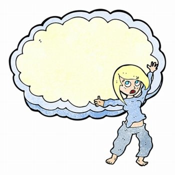 cartoon stressed woman in front of cloud with space for text