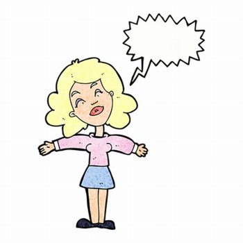 cartoon woman with open arms with speech bubble
