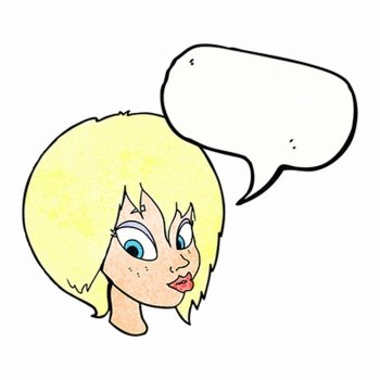 cartoon pretty female face pouting with speech bubble