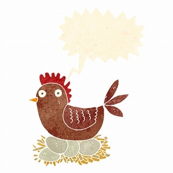 cartoon hen on eggs with speech bubble