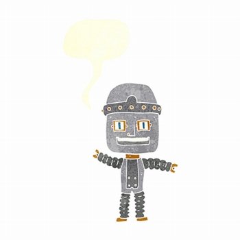 cartoon waving robot with speech bubble