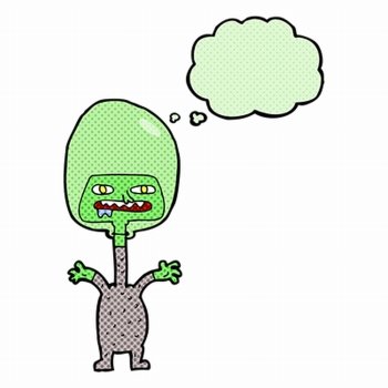 cartoon space alien with thought bubble