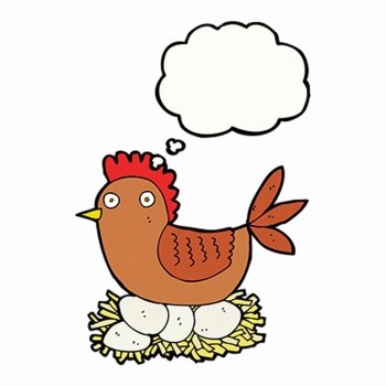 cartoon hen on eggs with thought bubble
