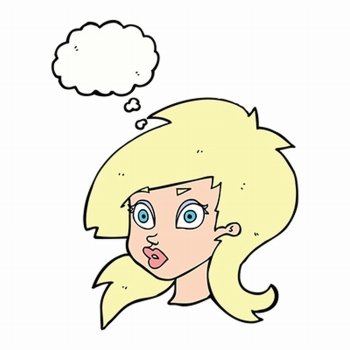 cartoon pretty surprised woman with thought bubble