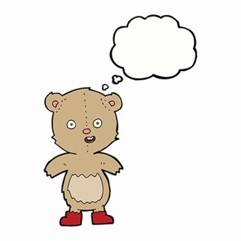 cartoon happy teddy bear in boots with thought bubble