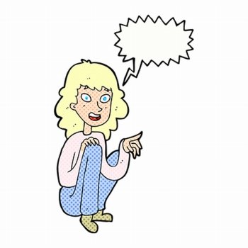 cartoon happy woman sitting and pointing with speech bubble