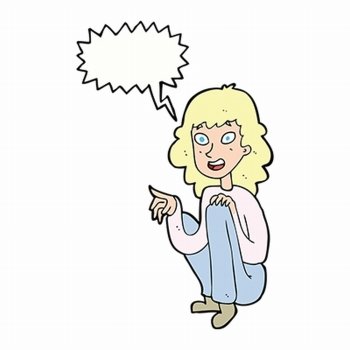 cartoon happy woman sitting and pointing with speech bubble