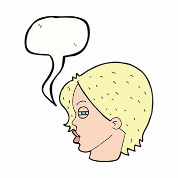 cartoon female face with narrowed eyes with speech bubble