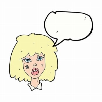 cartoon woman with bruised face with speech bubble