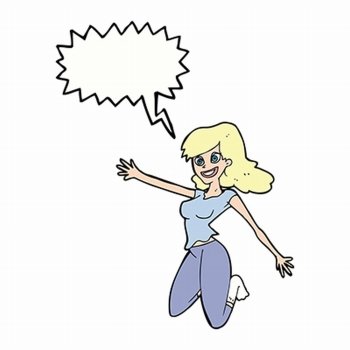 cartoon jumping woman with speech bubble