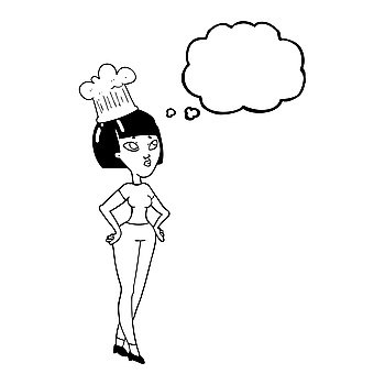 freehand drawn thought bubble cartoon female chef