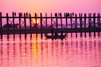 famous tick  bridge at sunset in Myanmar