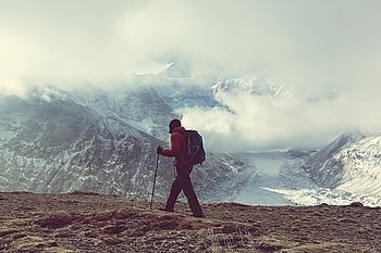 Hiker in Himalayas mountain. Nepal