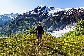 Hiker in Exit Glacier, Kenai Fjords National Park, Seward, Alaska