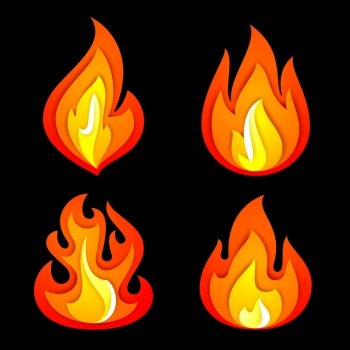 Fire symbols set on a black background, vector illustration 10eps
