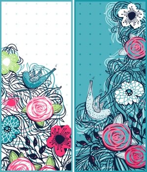 two vector floral cards with birds and roses