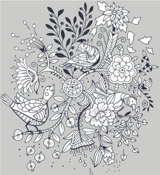 vector floral illustration of a fantasy tree with abstract birds and flowers