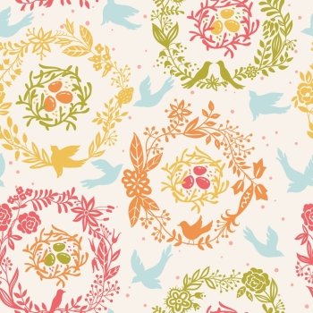vector floral seamless pattern with floral garlands, birds and nests