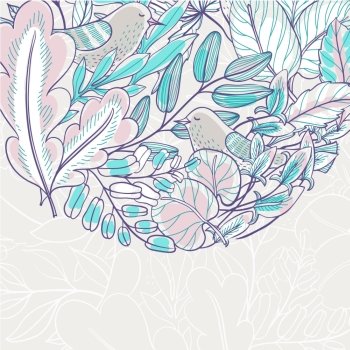 vector floral background with hand drawn leaves and birds