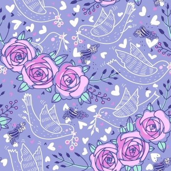 vector floral seamless pattern with blooming roses and flying doves