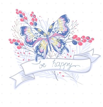 vector illustration of a colored butterfly, berries and vintage ribbon