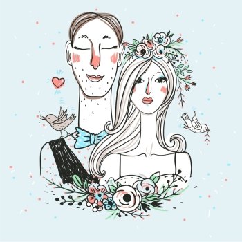 vector illustration of cute  bride and groom 