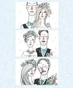 vector set of hand drawn cards with brides and grooms for wedding design