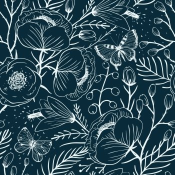 vector floral seamless pattern with vintage flowers and butterflies