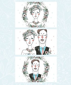 vector set of hand drawn cards with brides and grooms for a wedding design