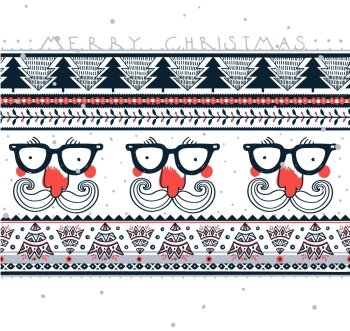 Vector Christmas card with  hipster Santa and  abstract Christmas trees