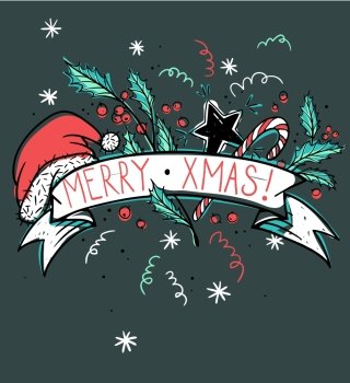 Vector Christmas  card with hand drawn holiday items
