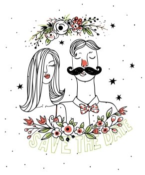 vector illustration of a cute pair and abstract flowers