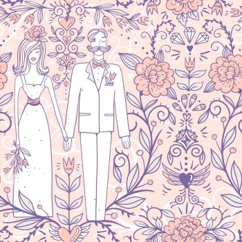 vector wedding  seamless pattern with a pretty pair and vintage roses