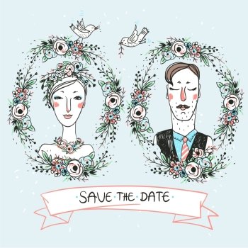 vector portraits of a pretty bride and a funny groom
