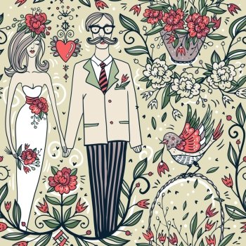 vector wedding seamless pattern with a funny couple and blooming flowers