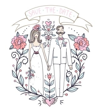 vector illustration of a pretty couple and blooming roses  for wedding design
