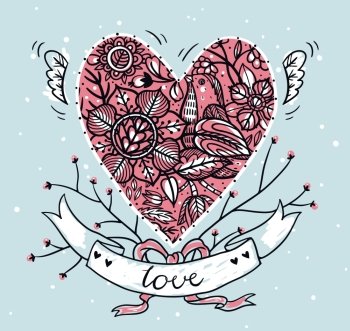 vector illustration of floral heart and vintage ribbons for Valentine day