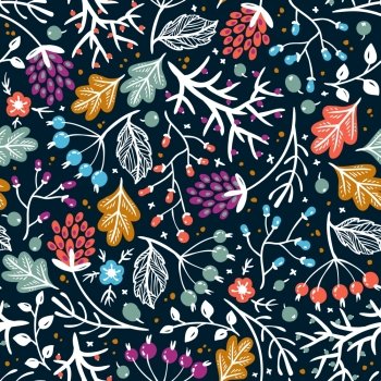 vector floral seamless pattern with colorful fantasy plants and berries