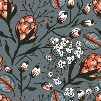 vector floral seamless pattern with flowers and berries on a grey background