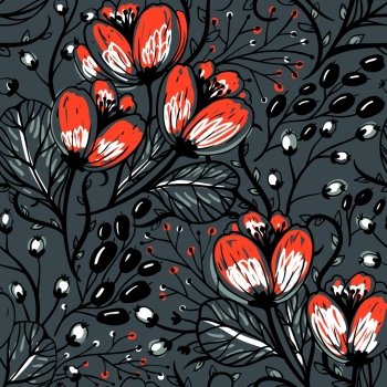 vector floral seamless pattern with bright red buds on a dark background