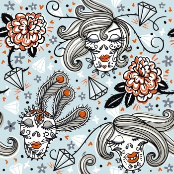 vector seamless pattern with vintage diamonds, roses and comic skulls