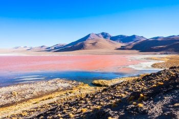 Laguna Colorada (Red Lake) is a most beautiful lake in the Altiplano of Bolivia