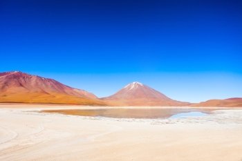 Licancabur volcano and  Green Lake (Laguna Verde) in bolivian Altiplano