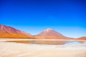 Licancabur volcano and  Green Lake (Laguna Verde) in bolivian Altiplano