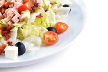 fresh chopped ham salad with cheese on  white plate