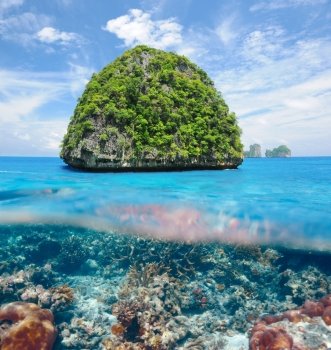 Beautiful uninhabited island in Thailand with coral reef bottom underwater and above water split view